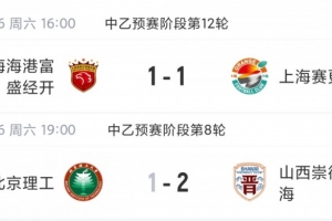 中乙最新战报_上海海港富盛经开vs山西崇德荣海_北京理工补赛不敌山西
